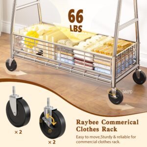 Raybee Clothes Rack Heavy Duty Rolling Clothing Rack with Wheels Load 600LBS Double Rod Clothing Racks for Hanging Clothes Commercial Portable & Adjustable Garment Rack with Metal Basket, Chrome