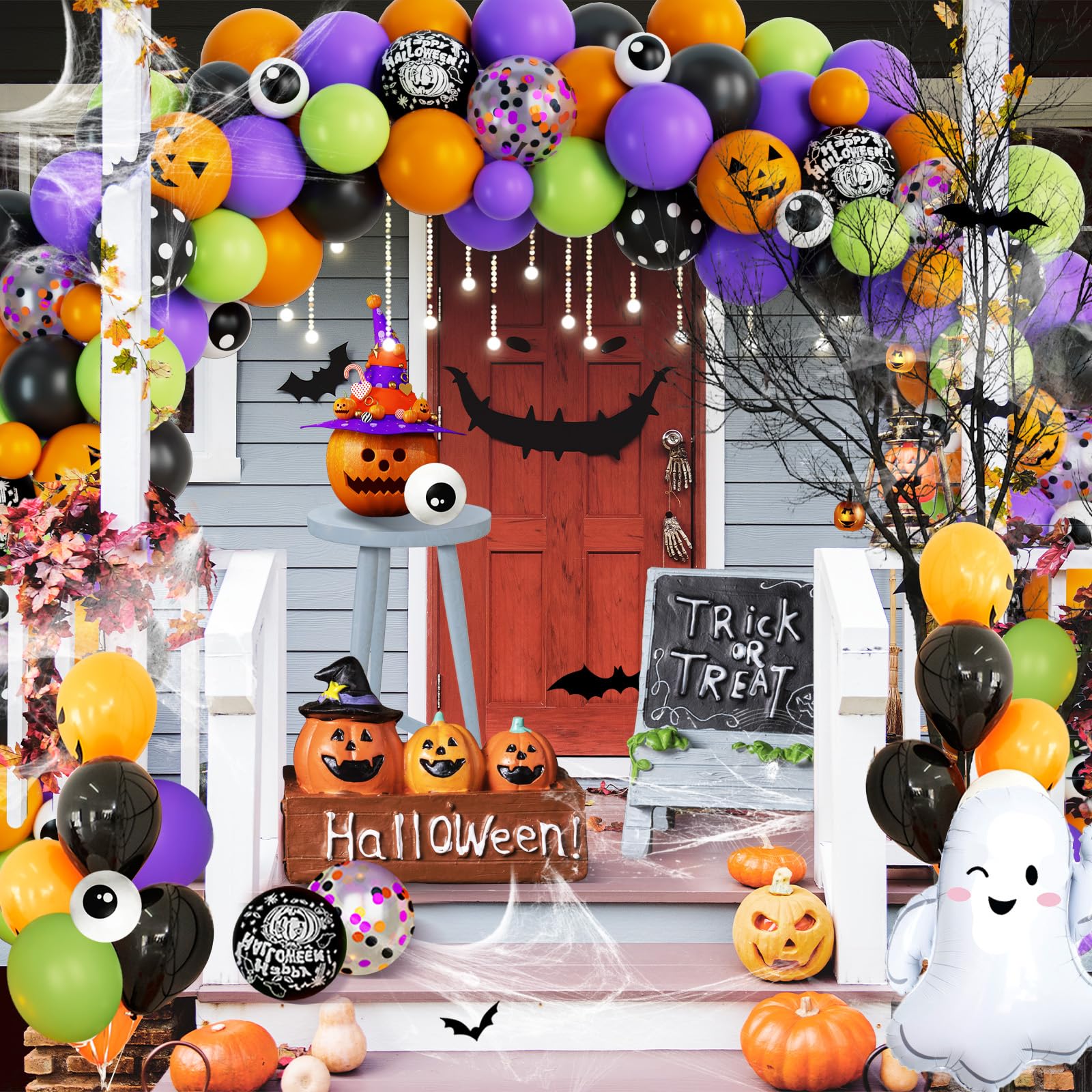 Fiesec Halloween Balloon Garland Arch Kit with Green Purple Black Orange Balloons, Halloween Theme Party Decorations BOO Foil Balloon Spider Bat, Happy Halloween Indoor Outdoor Yard Home Room Décor