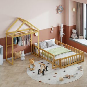 Bellemave Full Size Floor Bed for Kids, Girls, Boys, Wood House Bed with headboard, Full Size Montessori Floor Bed with House Shape Headboard, Kids Floor Bed with Storage, Natural