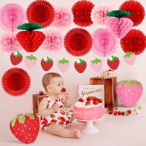 Kriyokiaa Strawberry Party Decorations 17 Pcs Berry First Birthday Decor with Tissue Pom Poms, Fans, Honeycomb, Lanterns, Garland, Perfect for Baby Shower Decorations, Berry 1st Birthday