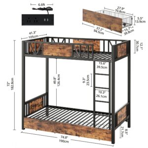 ANCTOR Bunk Bed with Power Outlet and Drawers, Metal Twin Bed Frames with Ladder and LED Lighted, Space-Saving, Noise Free