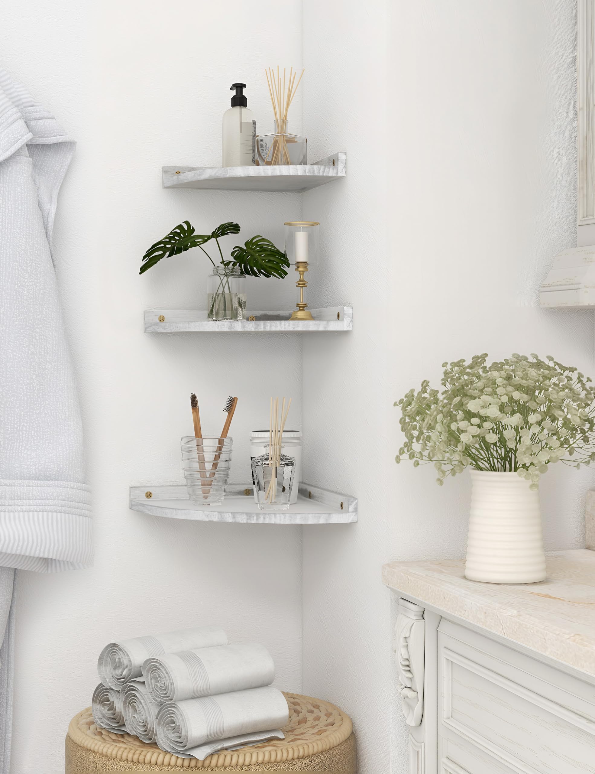 Godimerhea Corner Shelves Wall Mount, Rustic Natural Wood Corner Floating Shelf, Distressed White Storage Organizer Corner Wall Shelves for Living Room Kitchen Bedroom Bathroom Laundry, 9.68x9.68 Inch