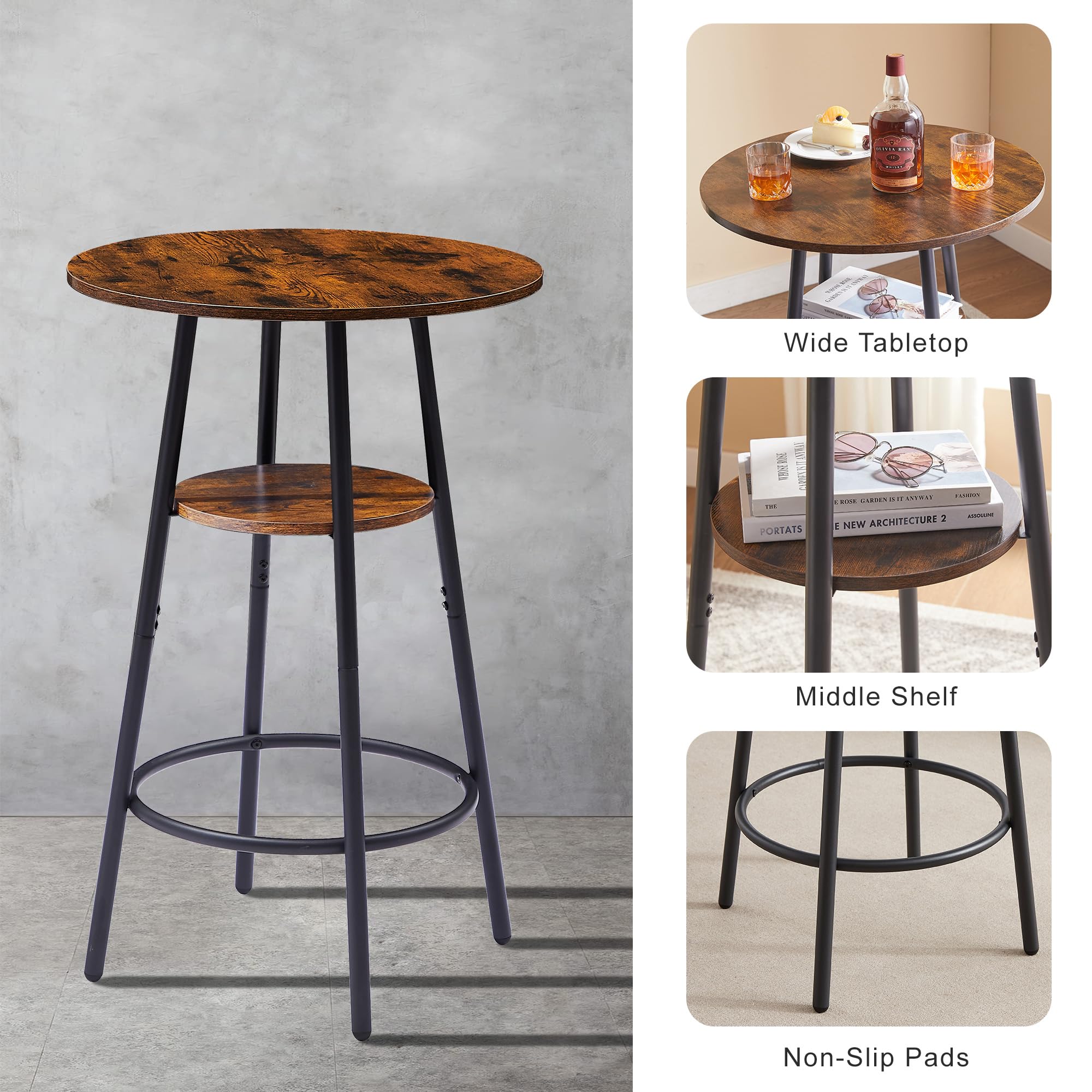 SumKea Bar Table and Chairs Set of 3, Round Bar Table with Stool, Kitchen Bar Table, Modern Dining Table Set, Pub Table and Chairs Set for Living Room, Kitchen, Brown&Black