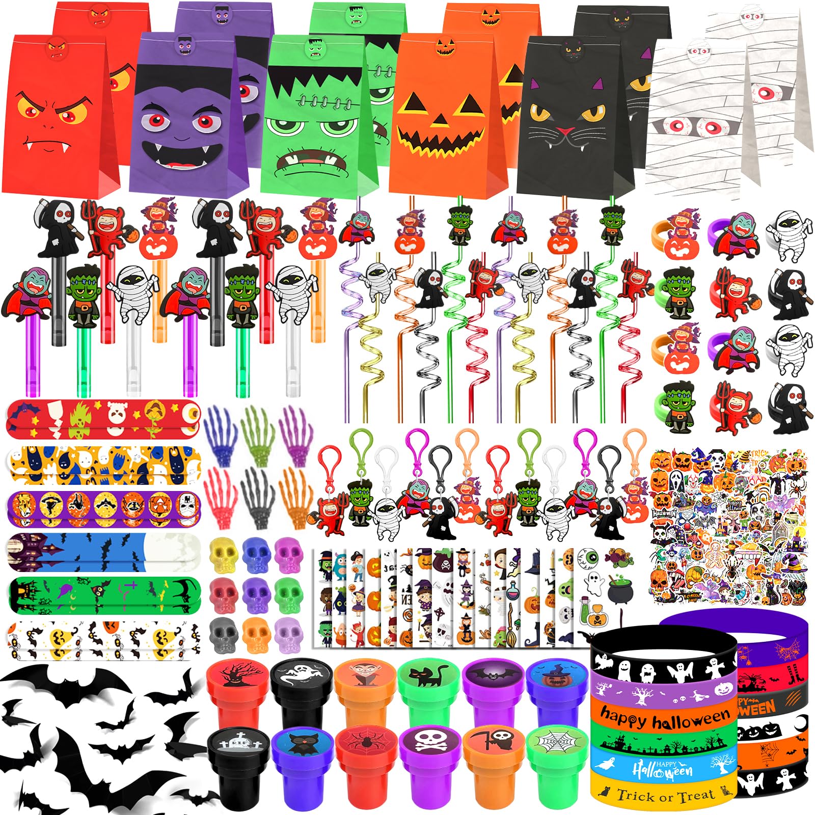 ONBKYGF 453PCS Halloween Party Favors Supplies Decorations, Halloween Treat or Trick Goodie Bags Pinata Fillers Stuffers Halloween Classroom Prizes Gifts for Kids