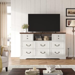 EnHomee 8 Drawers Dresser with Power Outlets and LED Lights, 55 Inch Wide Rustic Wood Dressers & Chest of Drawers for Bedroom, Hallway, Closet, White, 55" W x 34.5" H x 15.7" D