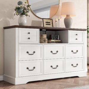 EnHomee 8 Drawers Dresser with Power Outlets and LED Lights, 55 Inch Wide Rustic Wood Dressers & Chest of Drawers for Bedroom, Hallway, Closet, White, 55" W x 34.5" H x 15.7" D