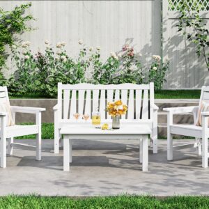 LAHAAP Outdoor Bench Set, Weatherproof Patio Furniture 3 Pieces Conversation Sets, Include Outdoor Bench + 2 Patio Chairs, for Garden Porch Lawn & Backyard (White)