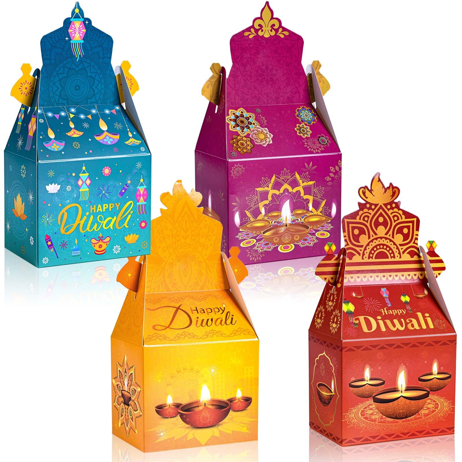 24Pack Happy Diwali Party Favor Boxes Rangoli Lantern Diya Pattern Treat Boxes Diwali Party GoodieGable Boxes for Indian Festival of Lights Party Decorations