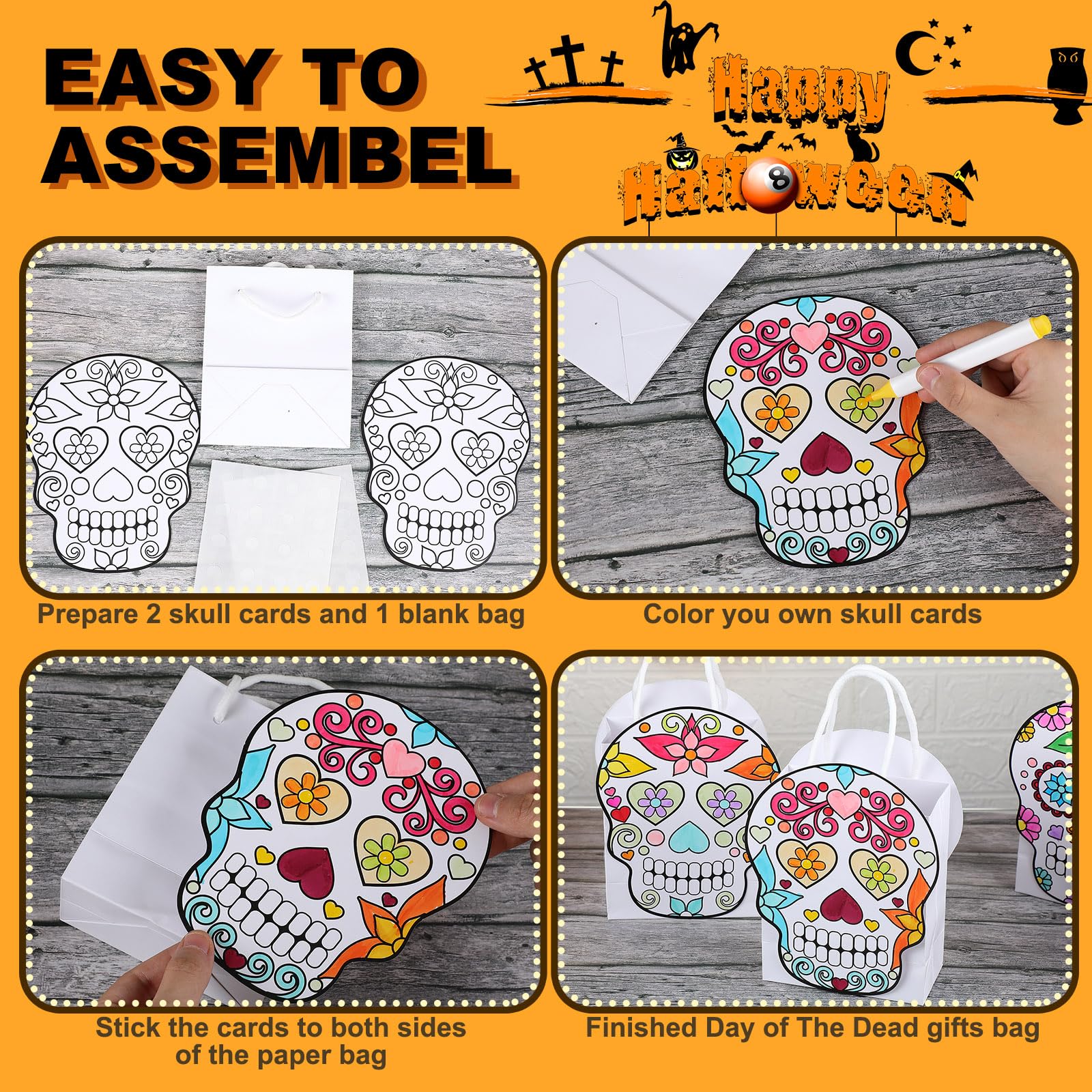 Humyoun 24 Sets Color Your Own Sugar Skull Treat Bags DIY Dia De Muertos Paper Bags Make Your Own Day of the Dead Gift Bags Sugar Skull Treat Bag for Day of the Dead Crafts Dia De Muertos Party Favors