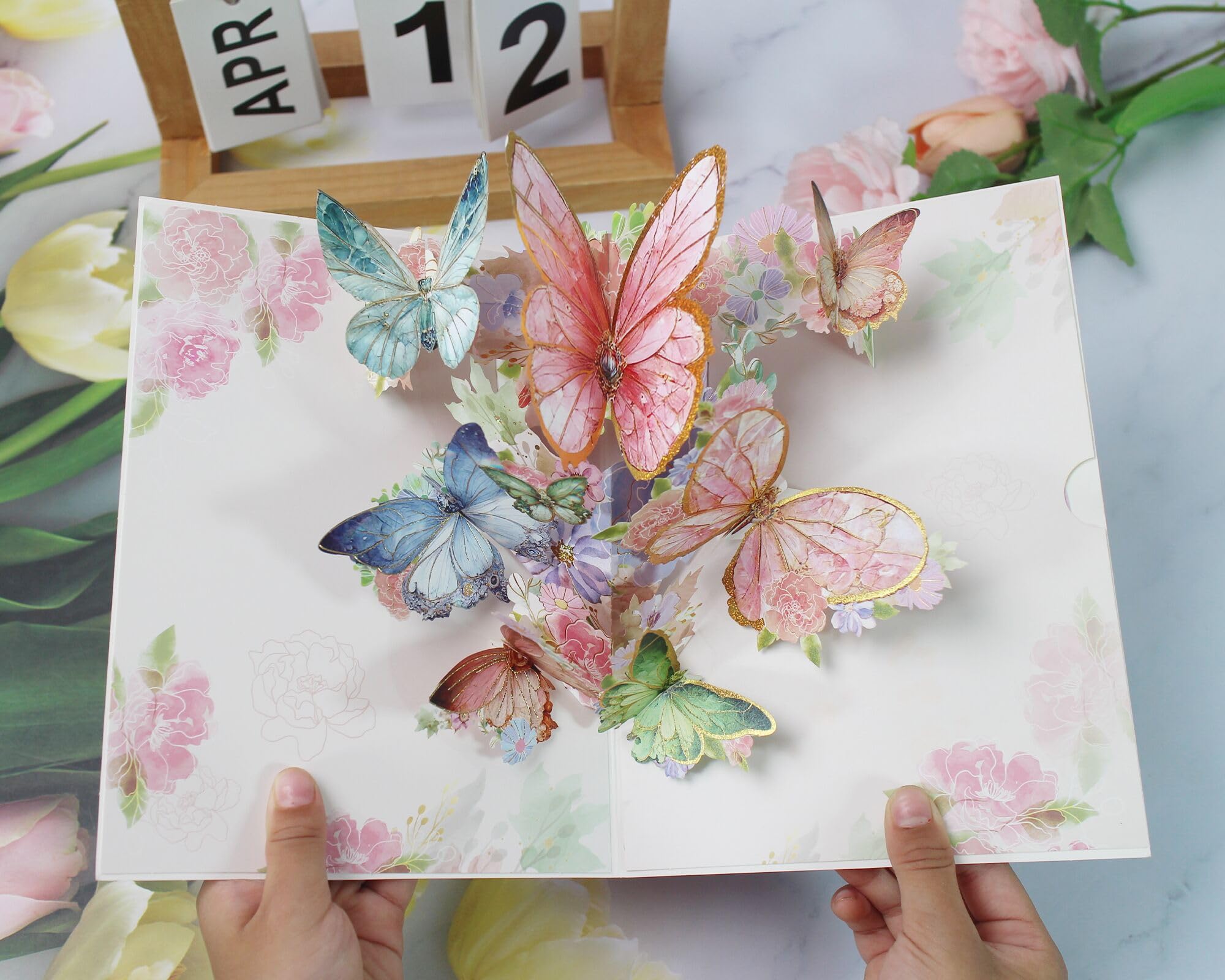 PQZKLDP 3D Pop-up Butterflies Greeting Card in Natural with Envelope and Note Tag Birthday-Anniversary-Wedding-Thank You- Gift Card All Occasion (Pink)