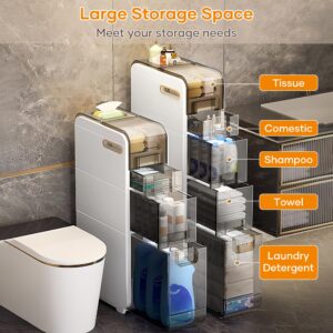 MOSAMNI 3-Tiers Slim Bathroom Storage Cabinet, Narrow Bathroom Storage Cabinet with Drawers & Wheels, Plastic Waterproof Bathroom Storage Organizer for Small Spaces, Kitchen, Laundry Room, Out-of-Box