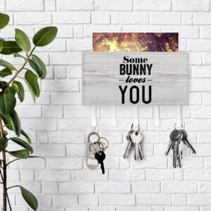 Yinrune Rustic Key Hangers with 5 Hooks Some Bunny Loves You Key Holder for Wall, Self Adhesive Key Organizer Positive Quotes Key Holder and Key Rack for Kitchen Bathroom Entryway Home Decor