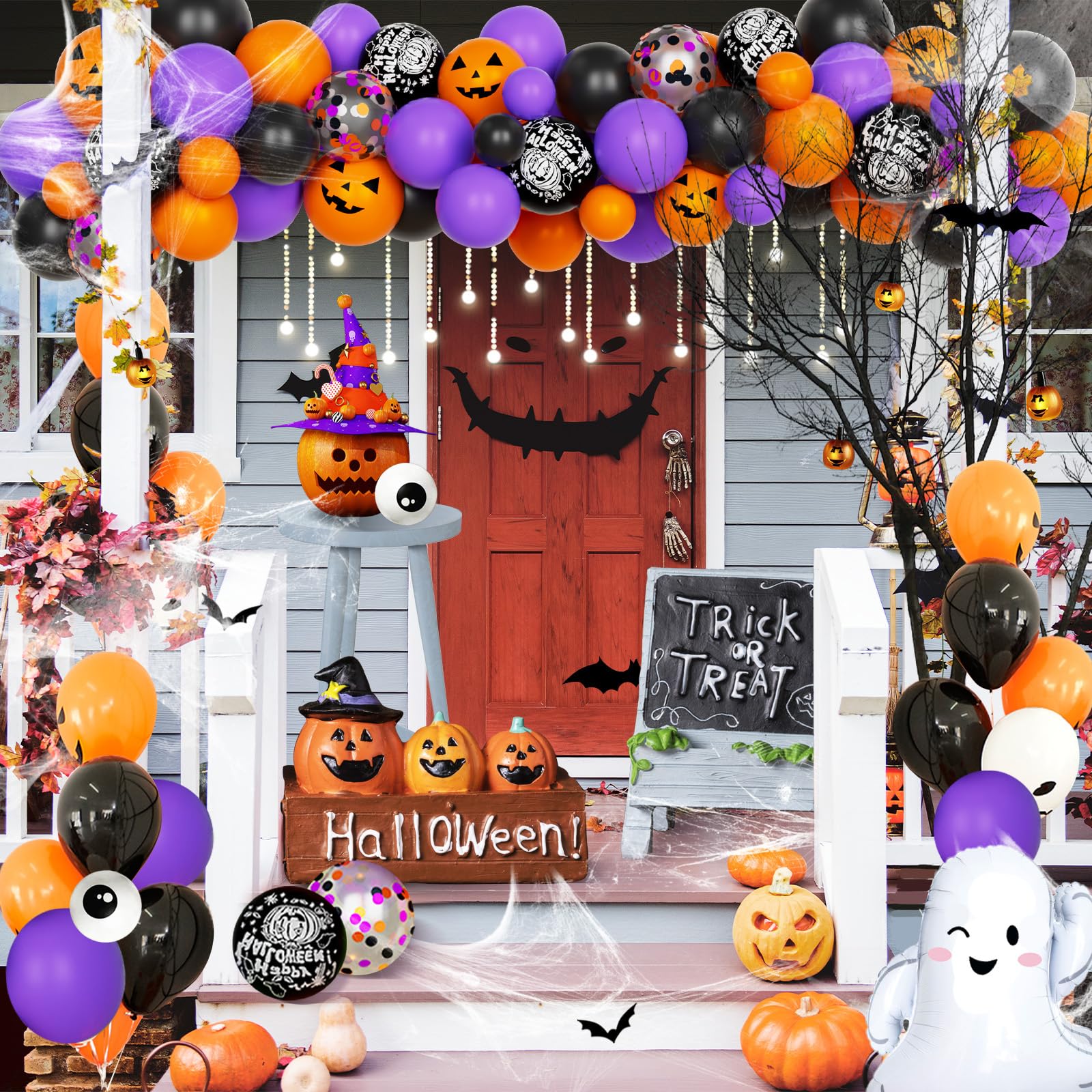 Fiesec Halloween Party Decorations, Happy Boo Day Party Decorations, Happy Halloween Outdoor Indoor Yard Home Room Decor, Backdrop Banner Balloon Spider Web Boxes Cutout Bat Ghost