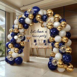 Navy Blue Gold Balloon Graland Arch Kit, Double Stuffed Pearl White Royal Blue Chrome Gold with Confetti Balloons for Graduation Birthday Wedding Baby Shower Party Decorations