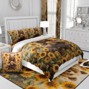 Feelyou Bear Bedding Set for Girls Boys Kids King Size Sunflower Comforter Cover Set Room Decorative Butterfly Duvet Cover Brown Bedspread Cover Bedclothes,No Comforter