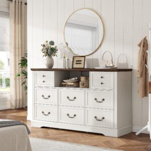 EnHomee 8 Drawers Dresser with Power Outlets and LED Lights, 55 Inch Wide Rustic Wood Dressers & Chest of Drawers for Bedroom, Hallway, Closet, White, 55" W x 34.5" H x 15.7" D