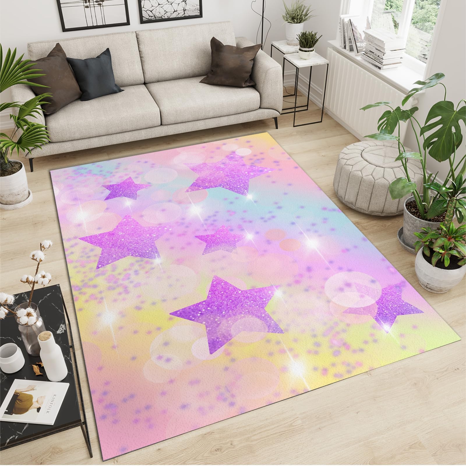 Dreamy Starry Sky Purple Area Rug, Purple Stars Decorative Rug, Easy Clean Carpet with Anti-Slip Backing for Bedroom Living Room Dining Room Office 3ftx5ft