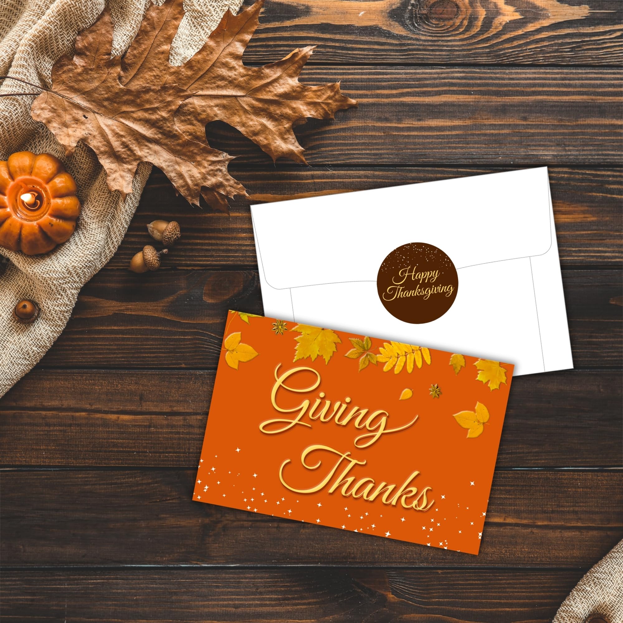 Mie Creations Thanksgiving Cards with Envelopes, 24 Bulk Assorted Fall Harvest Season Greeting Cards UV Spot, 4 Designs, Boxed Set Giving Thanks Gratitude notecards for Family, Friends- 4x6 inches