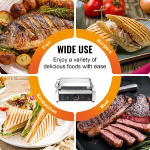 VEVOR Commercial Panini Grill, 1800W Electric Sandwich Panini Maker, Stainless Steel Sandwich Press, Panini Grill with Temp Control & 14"x9" Full Grooved Enamel Plate, for Hamburger Steak Bacon