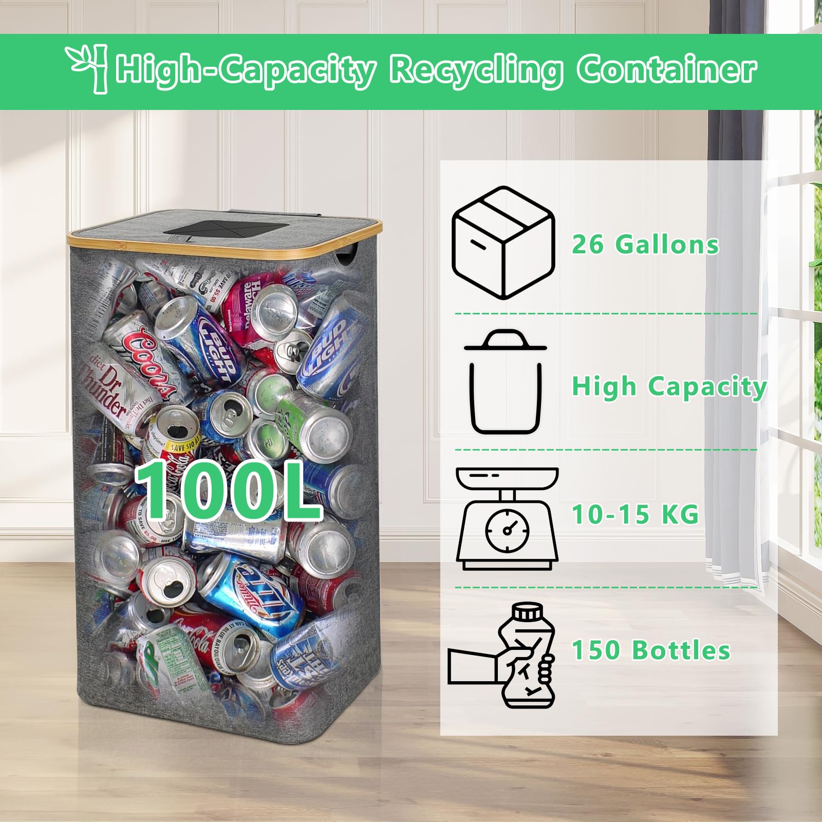 26 Gallon Recycling Bins for Kitchen, Indoor Home Recycle Bin with Lid, 100L Recycling Bin with 2 Removable Reusable Inner Bags, Soft Close Lid and Airtight, Collecting Bottle Can Glass Plastic