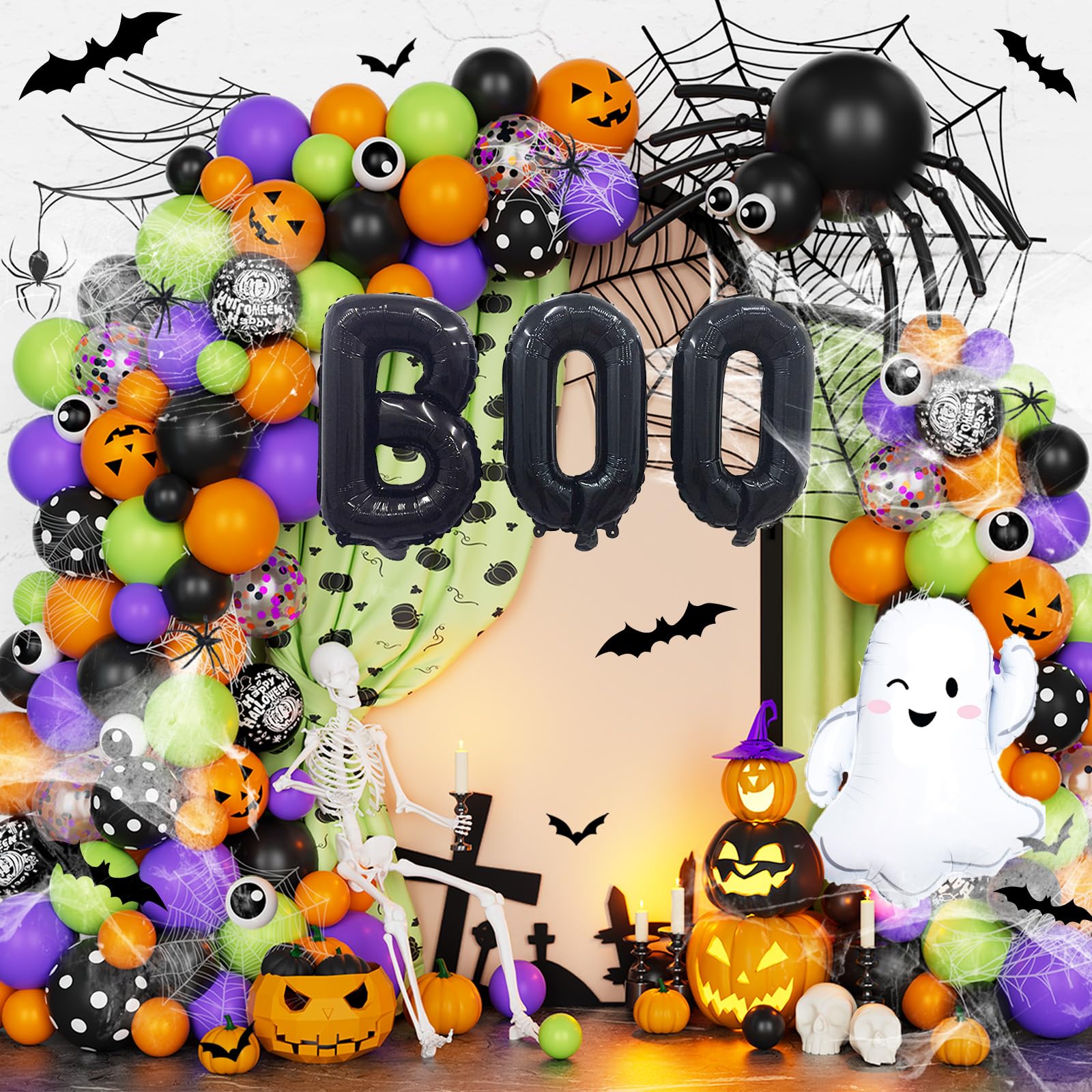 Fiesec Halloween Balloon Garland Arch Kit with Green Purple Black Orange Balloons, Halloween Theme Party Decorations BOO Foil Balloon Spider Bat, Happy Halloween Indoor Outdoor Yard Home Room Décor