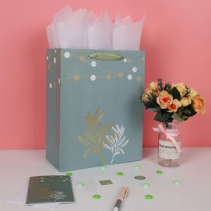 13” Large Green Gift Bag Set with Handles, Greeting Card, Tissue Papers and Stickers for Women Girls for Birthday, Wedding, Anniversary and Mother’s Day, Gold Foil Botanical Design, 1 Pcs