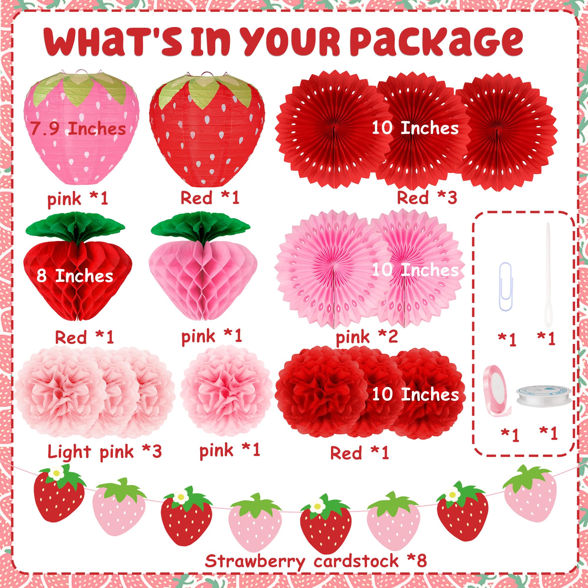 Kriyokiaa Strawberry Party Decorations 17 Pcs Berry First Birthday Decor with Tissue Pom Poms, Fans, Honeycomb, Lanterns, Garland, Perfect for Baby Shower Decorations, Berry 1st Birthday