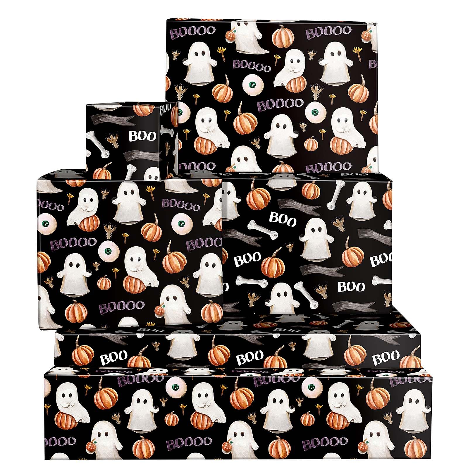 12Sheets Halloween Wrapping Paper Watercolor Ghost Pumpkin Bone Boo Pattern Gift Wrap Paper for Halloween Trick or Treat Party Baby Shower Birthday Party DIY Craft, 19.7 x 27.6 inch