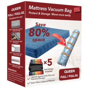 queen/full/full-xl mattress vacuum bag for moving and storage, vacuum seal compression bag for queen and full size mattresses, heavy duty mattress bag for storage, with sealing clip and 5 straps