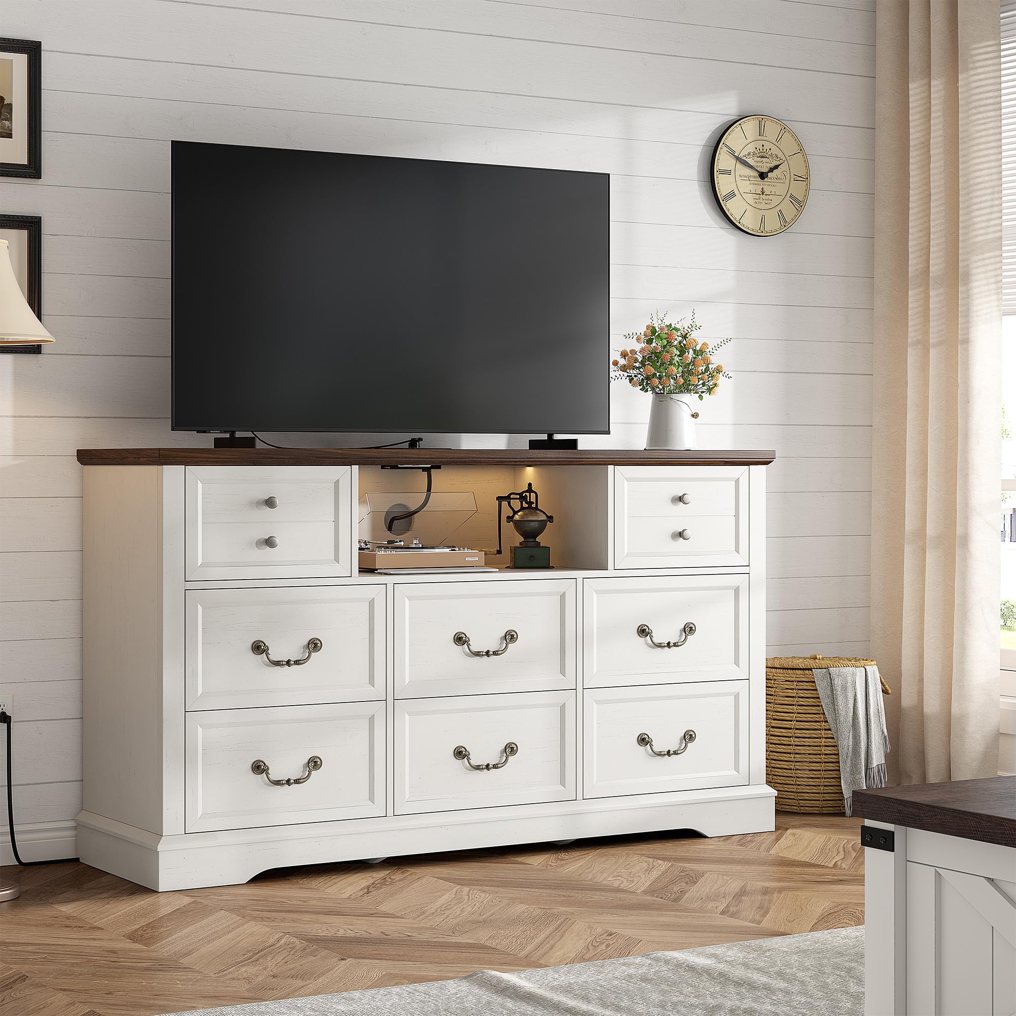 EnHomee 8 Drawers Dresser with Power Outlets and LED Lights, 55 Inch Wide Rustic Wood Dressers & Chest of Drawers for Bedroom, Hallway, Closet, White, 55" W x 34.5" H x 15.7" D