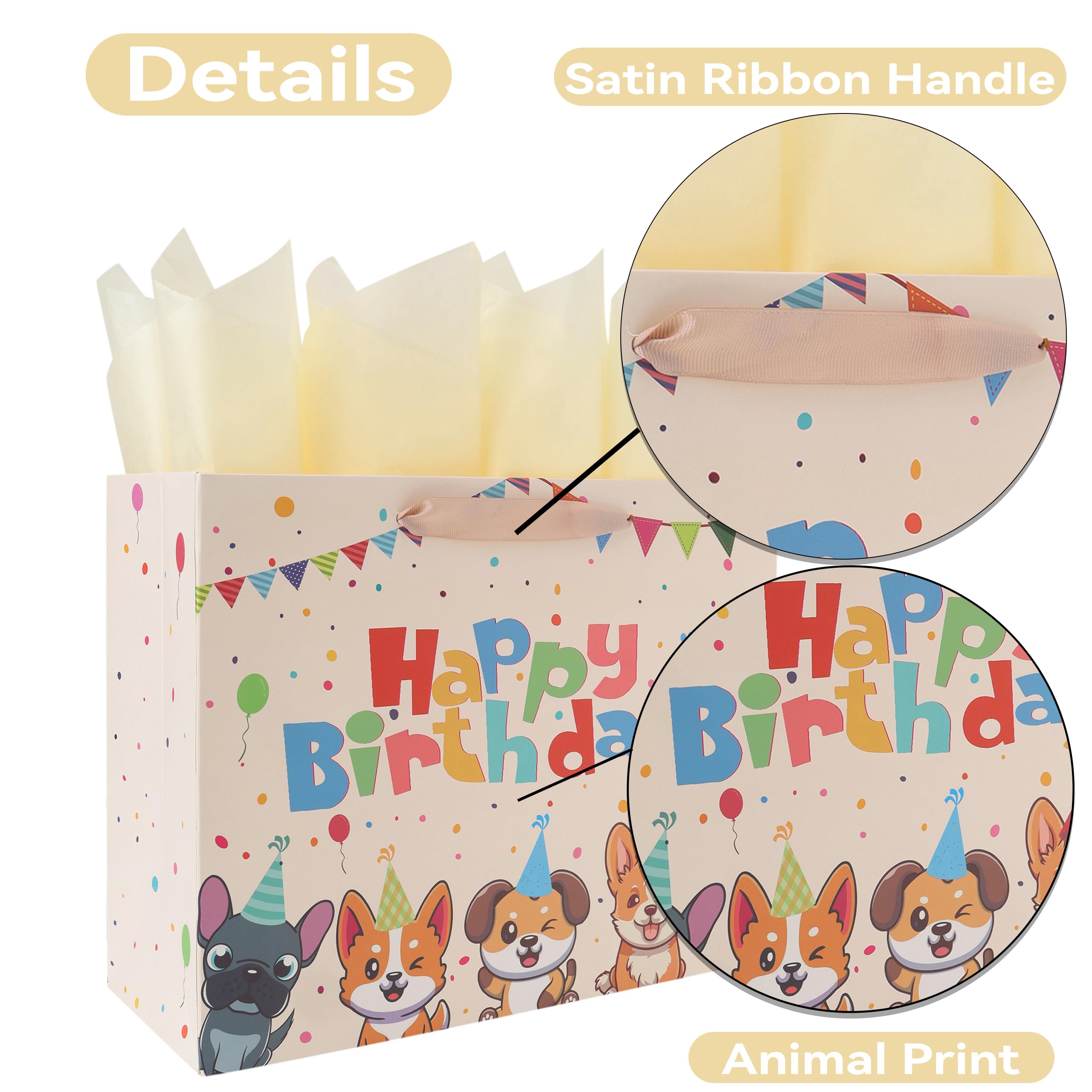 13” Large Dog Happy Birthday Gift Bag Set with Handles, Greeting Card, Tissue Papers and Stickers for Girl Boy Kid Women Men, Cream Puppy Design, 1 Pcs