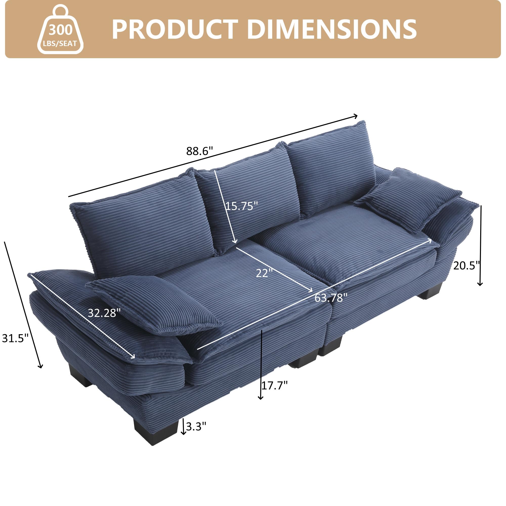 Tmsan 88.6" Oversized Corduroy Loveseat Sofa, Large Deep Seat Cloud Couch Sectional, Modern Luxury Love Seat 2 Seater Modular Lounge Sofa for Living Room Apartment Office (Blue)