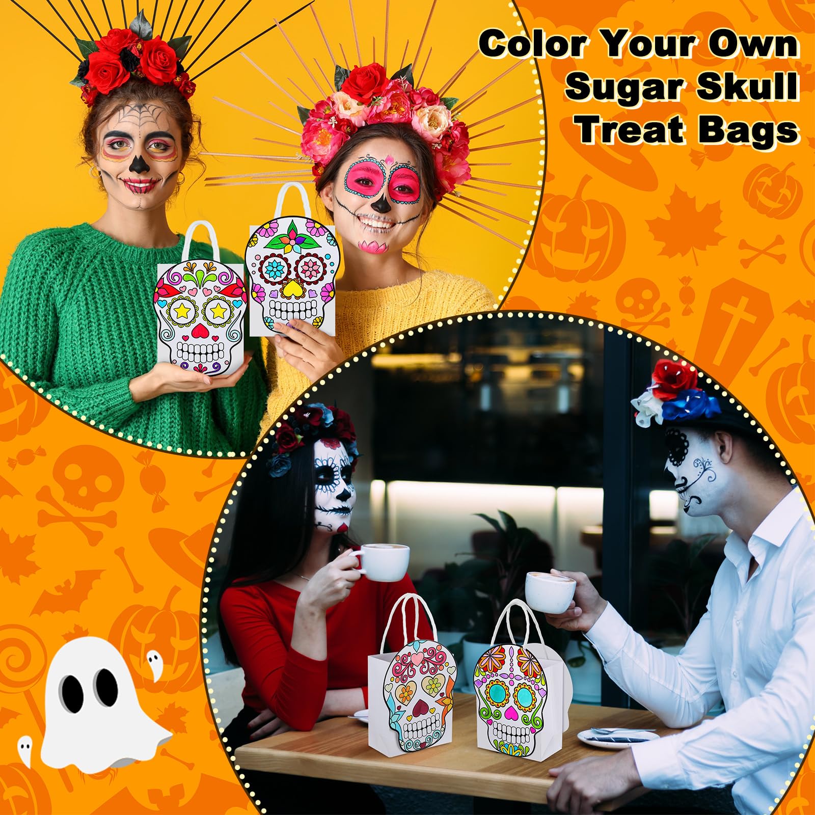 Humyoun 24 Sets Color Your Own Sugar Skull Treat Bags DIY Dia De Muertos Paper Bags Make Your Own Day of the Dead Gift Bags Sugar Skull Treat Bag for Day of the Dead Crafts Dia De Muertos Party Favors