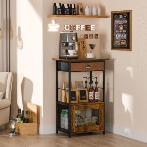 X-cosrack Coffee Bar Station, 3-Tier Small Coffee Stand Station with Storage, Farmhouse-Style Coffee Bar Cabinet Featuring 1-Door Cabinet Ideal for Living Room, Entryway, Kitchen