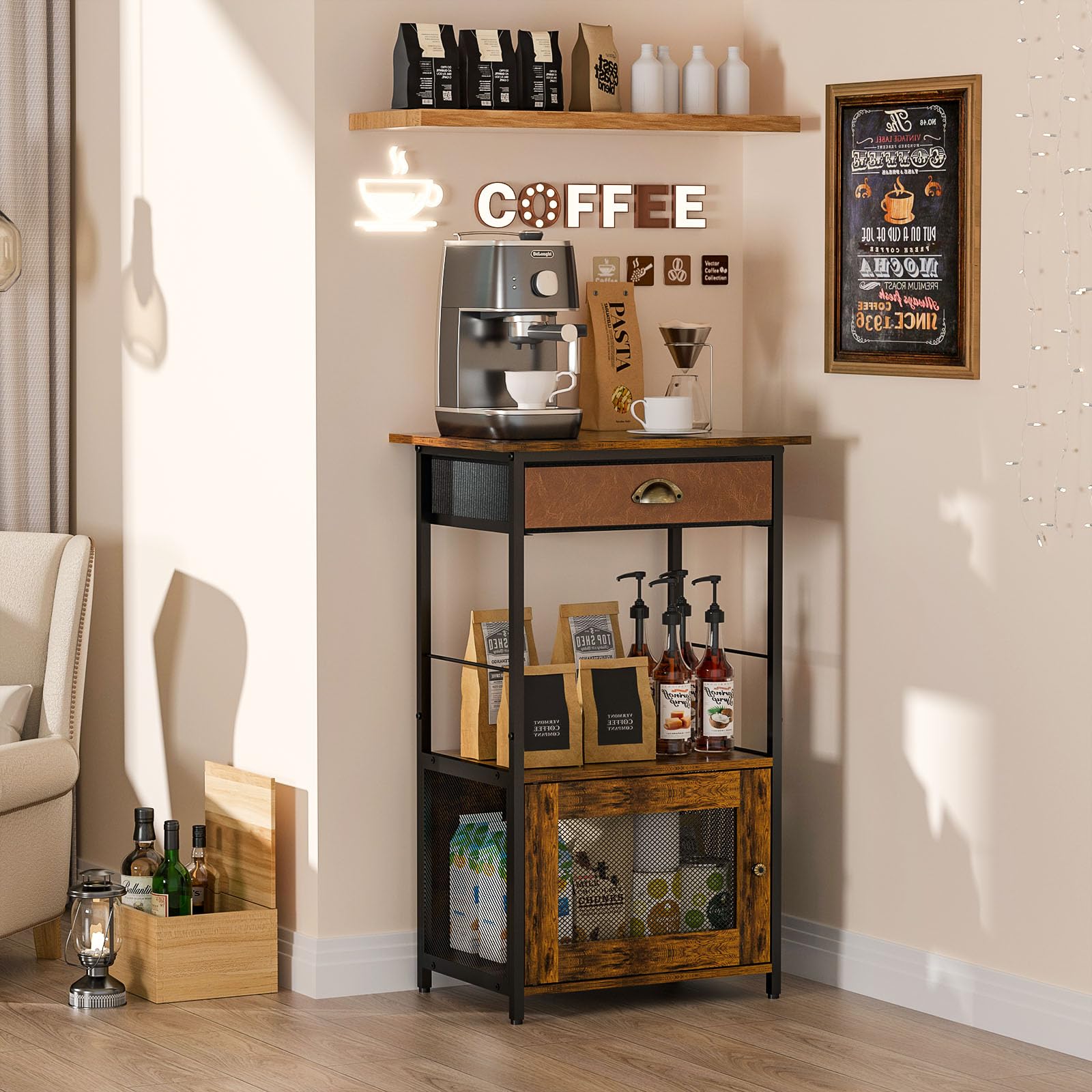 X-cosrack Coffee Bar Station, 3-Tier Small Coffee Stand Station with Storage, Farmhouse-Style Coffee Bar Cabinet Featuring 1-Door Cabinet Ideal for Living Room, Entryway, Kitchen