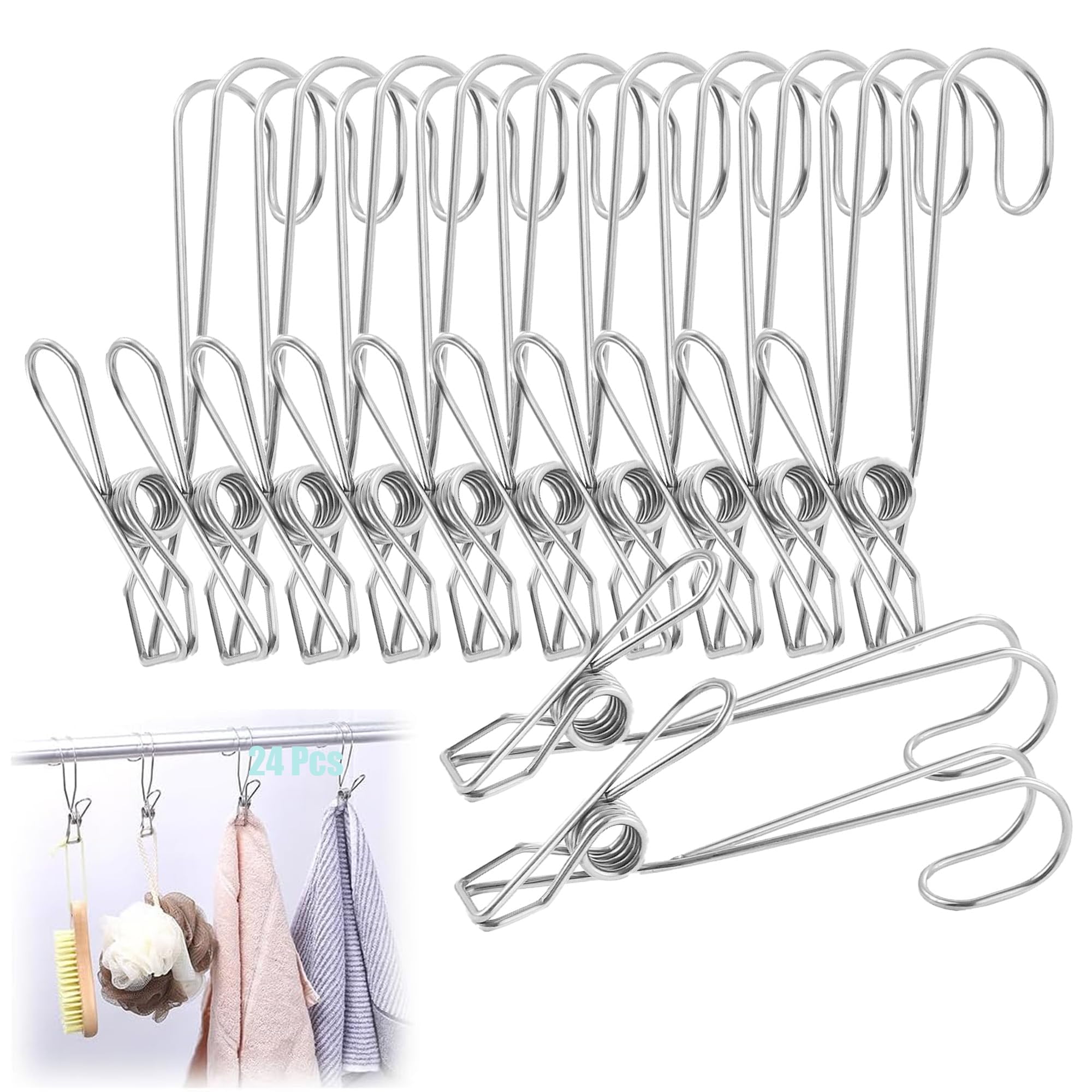 24Pcs Stainless Steel Metal Long Tail Clip with Hooks，Clips for Hanging- Ideal for Closet, Kitchen, Bathroom - Hang Photos, Cards, Stockings - Rust-304 Stainless Steel Clothes Pins