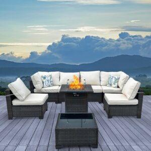 8-Piece Outdoor Rattan Wicker Patio Furniture Set with 28" Gas Fire Pit Table, Coffee Table, Armless Seats, Corner Seats, and Cushions Included, Outdoor Sectional Furniture, Coffee/Beige