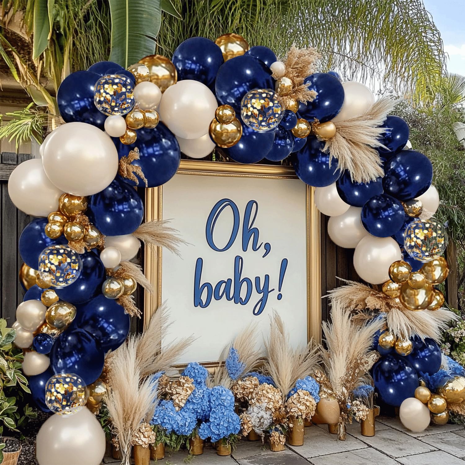 Navy Blue Gold Balloon Graland Arch Kit, Double Stuffed Pearl White Royal Blue Chrome Gold with Confetti Balloons for Graduation Birthday Wedding Baby Shower Party Decorations