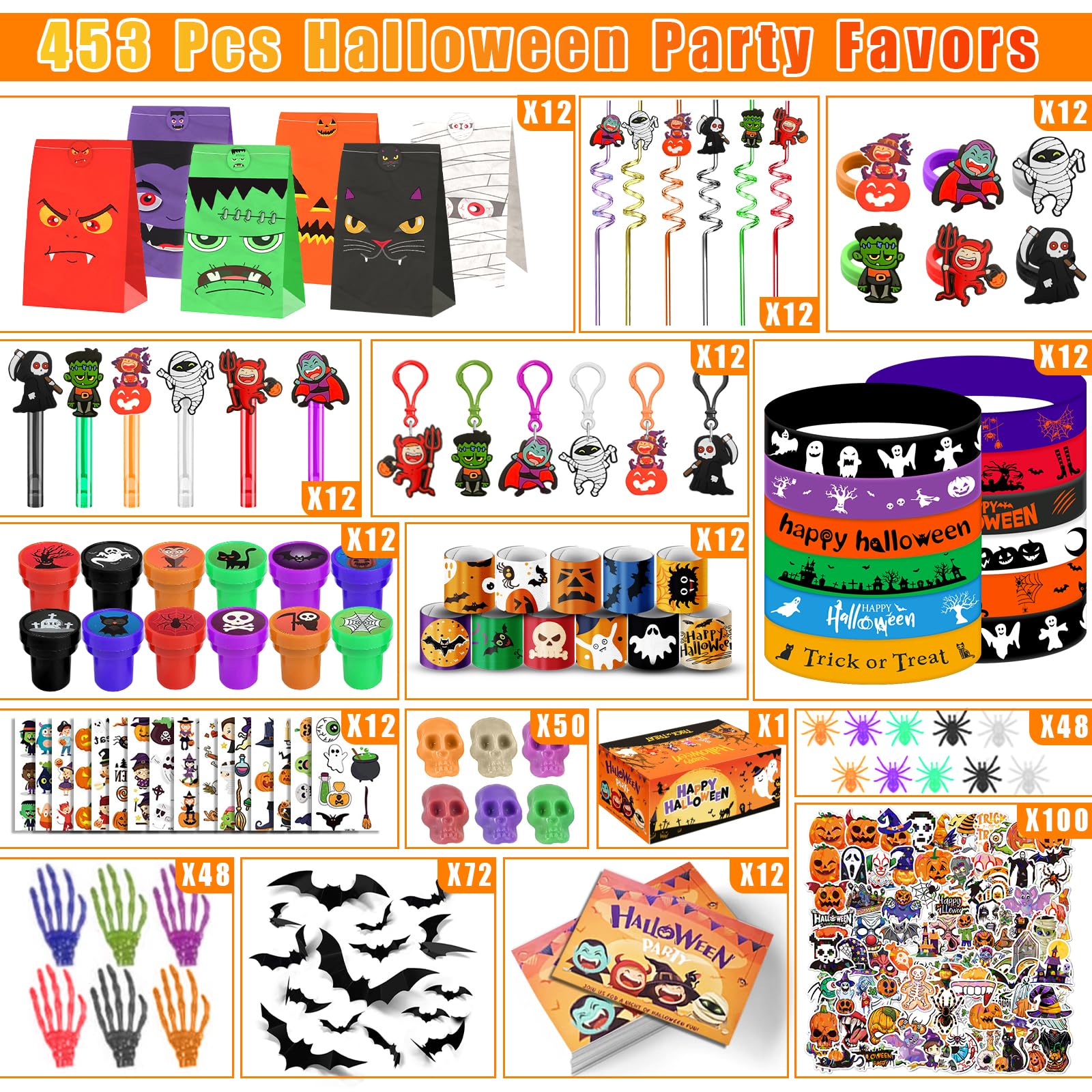 ONBKYGF 453PCS Halloween Party Favors Supplies Decorations, Halloween Treat or Trick Goodie Bags Pinata Fillers Stuffers Halloween Classroom Prizes Gifts for Kids