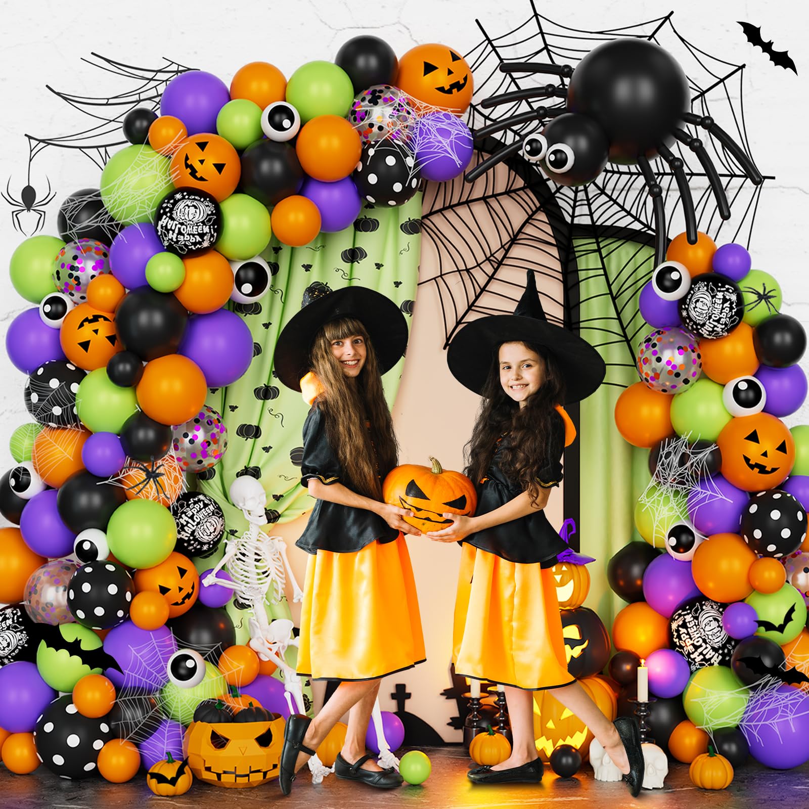 Fiesec Halloween Balloon Garland Arch Kit with Green Purple Black Orange Balloons, Halloween Theme Party Decorations BOO Foil Balloon Spider Bat, Happy Halloween Indoor Outdoor Yard Home Room Décor