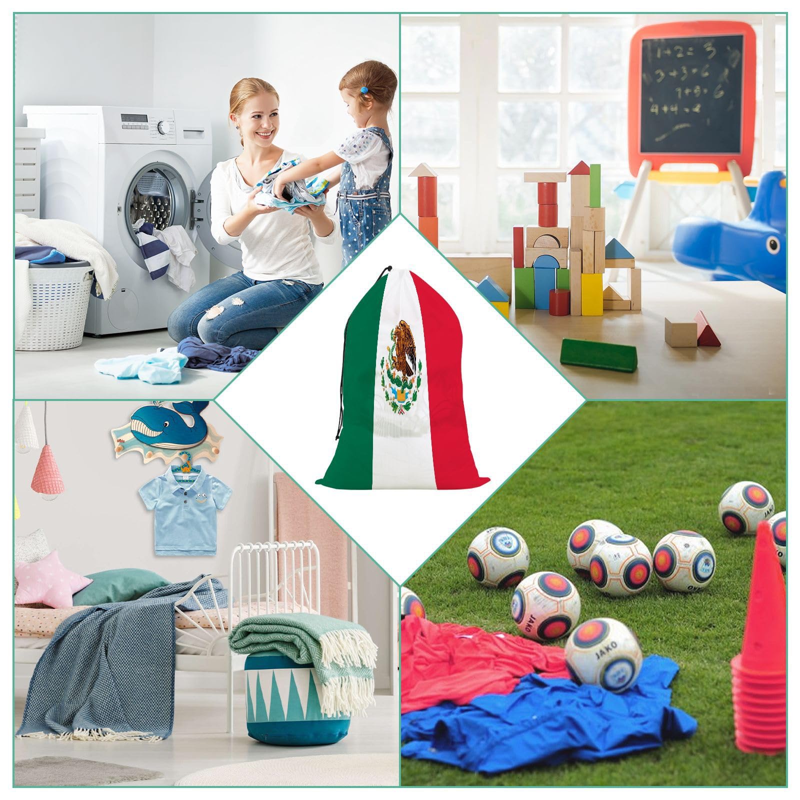 MCHIVER Mexico Flag Large Laundry Bag with Extra Mesh Bags Washable Dirty Clothes Organizer with Drawstring for Laundry Room Bedroom