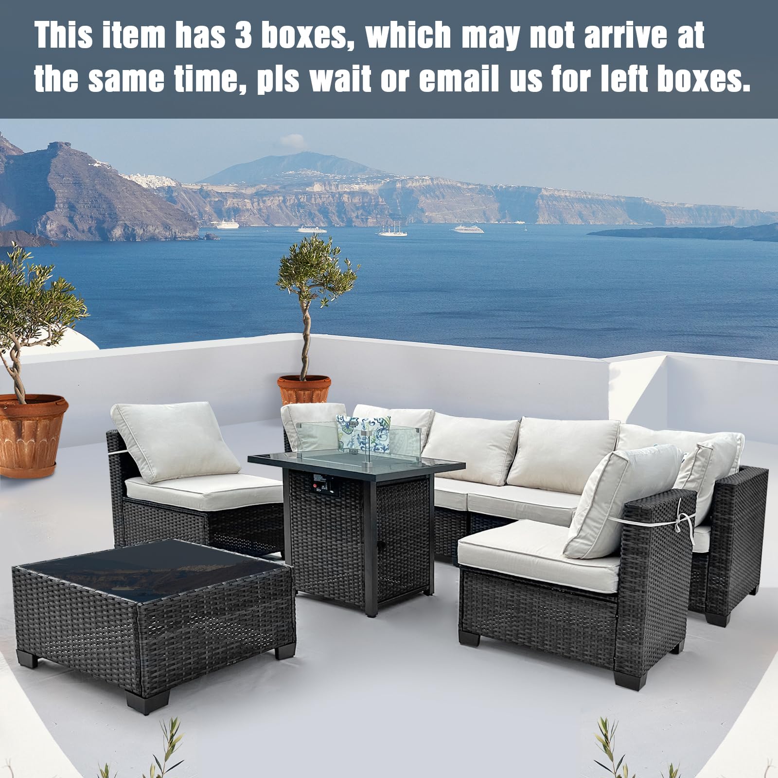 8-Piece Outdoor Rattan Wicker Patio Furniture Set with 28" Gas Fire Pit Table, Coffee Table, Armless Seats, Corner Seats, and Cushions Included, Outdoor Sectional Furniture, Coffee/Beige