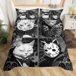 cat illustration duvet cover queen size,cartoon cat comforter cover with 2 pillowcase for teens adults,kids horror style bedding set,halloween breathable 3 pcs decorative bed cover(no comforter)