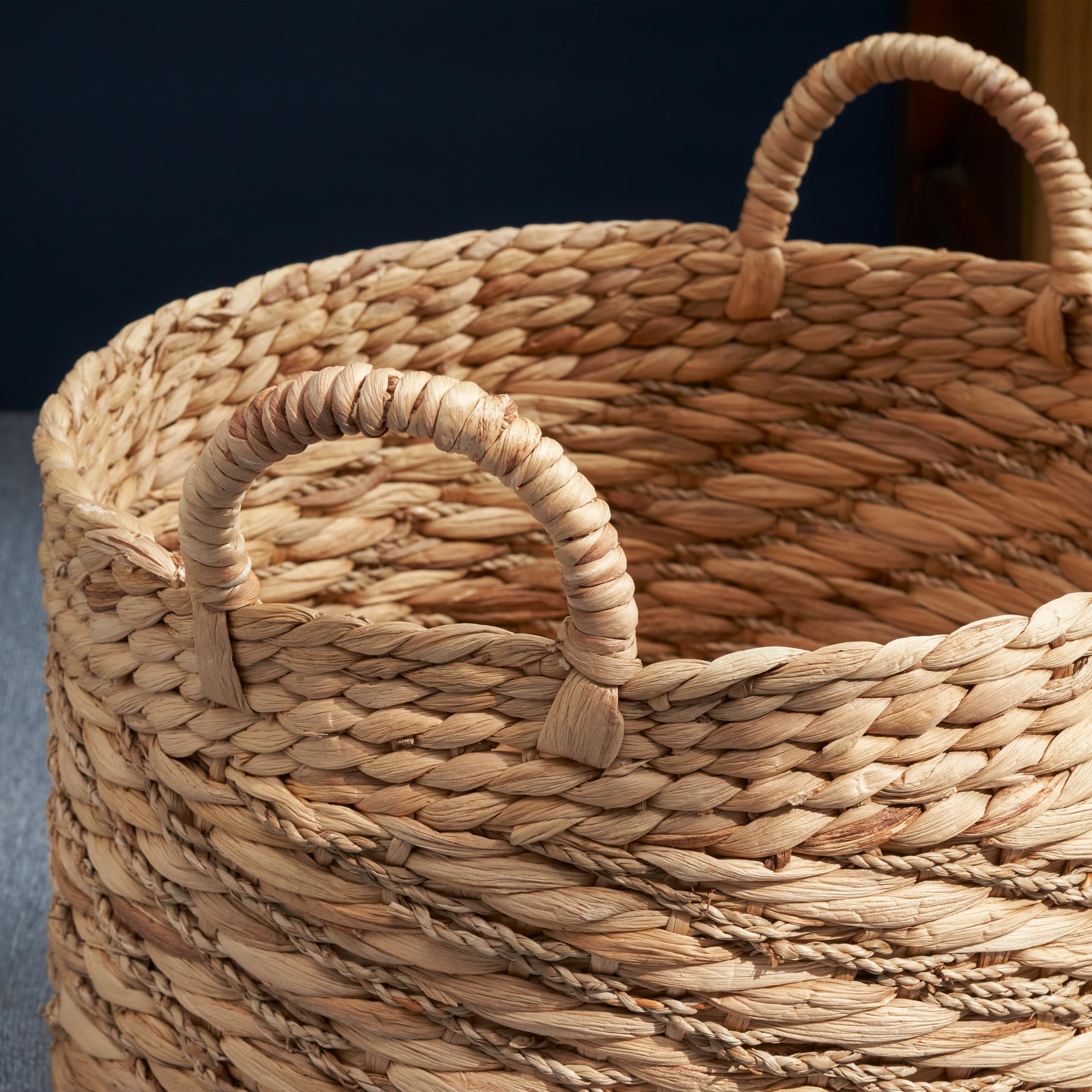 Round Water Hyacinth Seagrass Woven Basket with Handles - 15" x 15" x 15" - Natural Brown - For Clothes, Towels, Canvas, Toys and Magazine Storage and Home Decoration