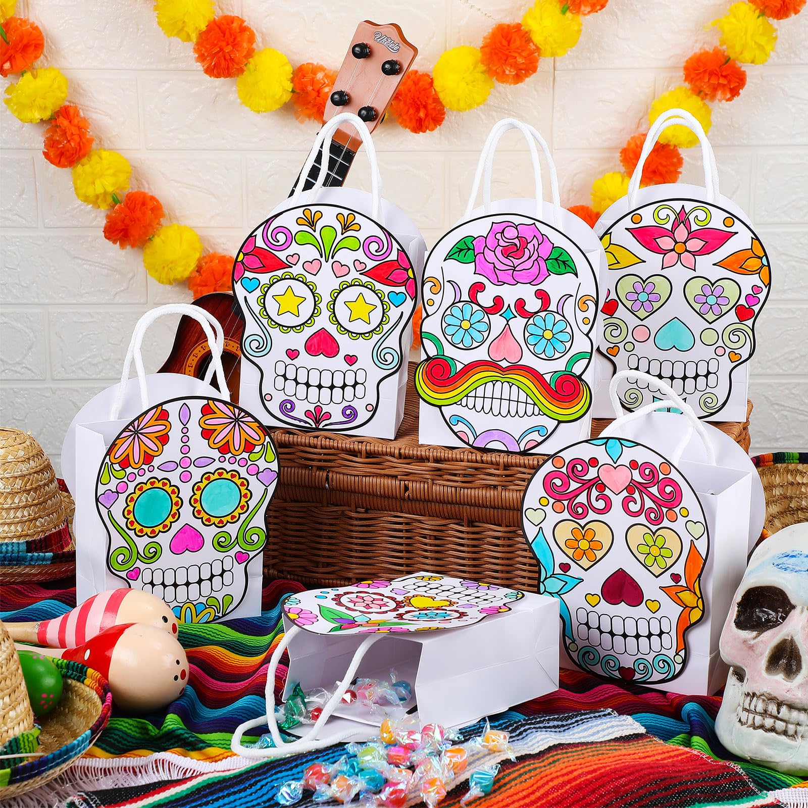 Humyoun 24 Sets Color Your Own Sugar Skull Treat Bags DIY Dia De Muertos Paper Bags Make Your Own Day of the Dead Gift Bags Sugar Skull Treat Bag for Day of the Dead Crafts Dia De Muertos Party Favors