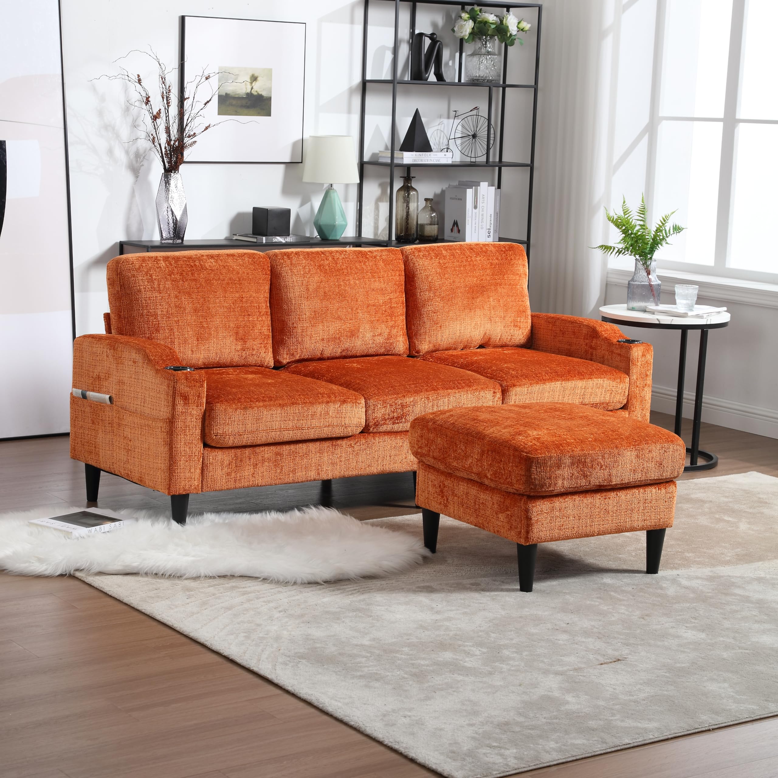 Modern Chenille Polyester Sectional Sofa with Storage Ottoman, L Shaped Couch for Living Room, Apartment, Size 77.36" x 44.49" x 30.31"