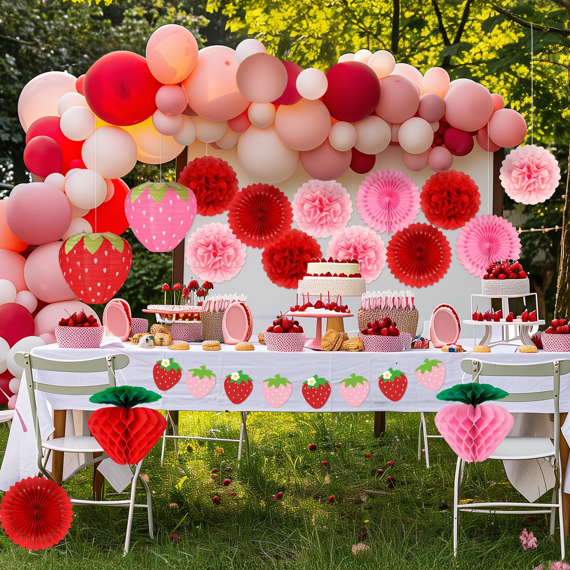 Kriyokiaa Strawberry Party Decorations 17 Pcs Berry First Birthday Decor with Tissue Pom Poms, Fans, Honeycomb, Lanterns, Garland, Perfect for Baby Shower Decorations, Berry 1st Birthday