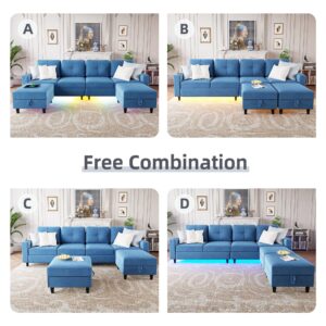 Lvifur LED Sectional Couches for Living Room, Modern Modular Sectional Sofa with Charging Station, U-Shaped 4 Seat Sofa Set with Chaise and Storage Ottomans (Blue)