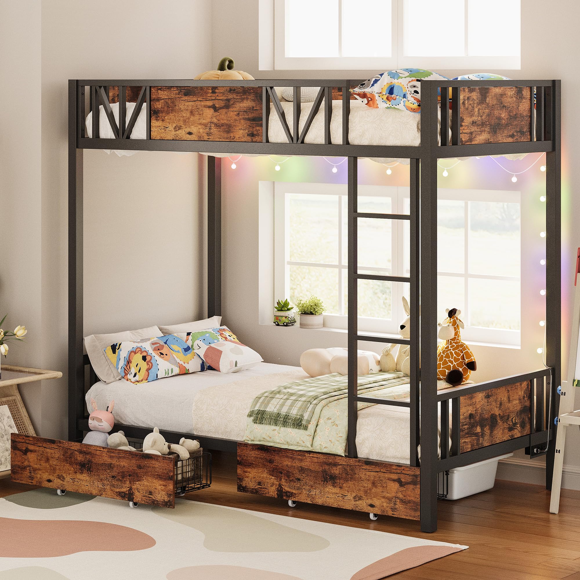 ANCTOR Bunk Bed with Power Outlet and Drawers, Metal Twin Bed Frames with Ladder and LED Lighted, Space-Saving, Noise Free