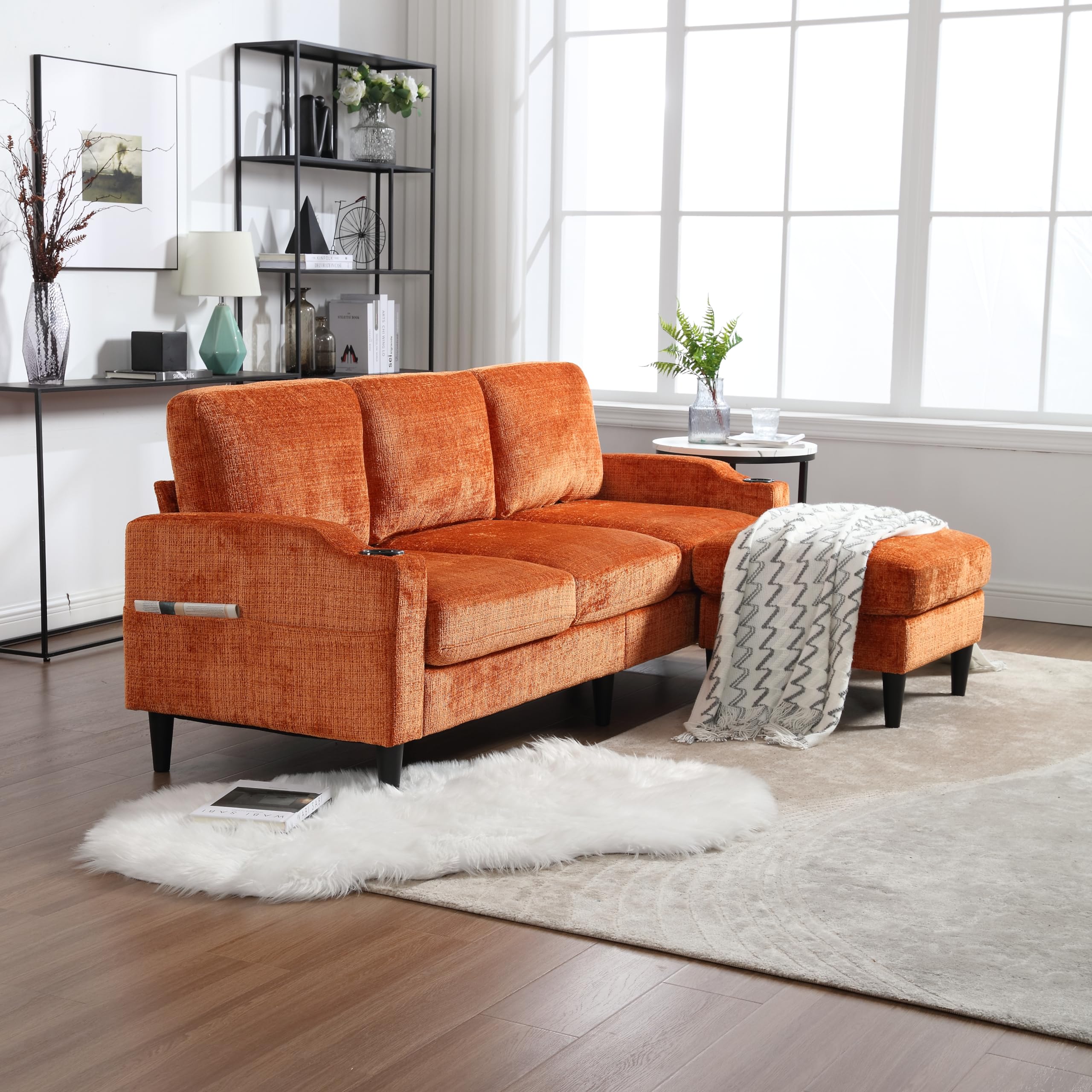 Modern Chenille Polyester Sectional Sofa with Storage Ottoman, L Shaped Couch for Living Room, Apartment, Size 77.36" x 44.49" x 30.31"